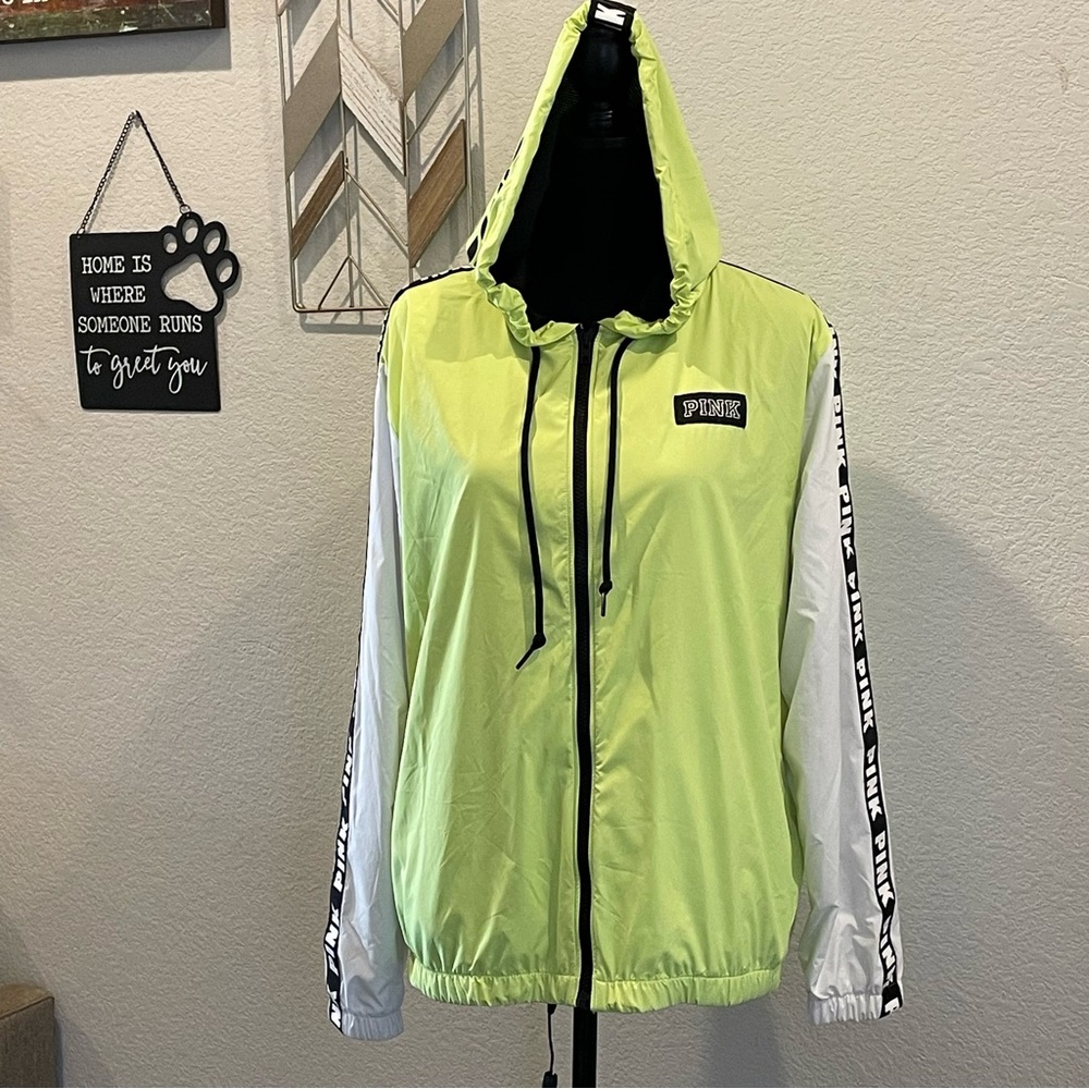 Victoria's Secret PINK Neon Green Windbreaker Hoodie Jacket XS